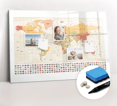 Produktbild von Magnetpinnwand Memoboard - Zubehörsatz - Schwarzer Marker + Schwamm + Magnete - 90 x 60 cm - Weltkartendesign