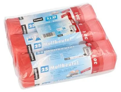 Produktbild von Müllbeutel mit Zugband, HDPE 30 l 70 cm x 55 cm rot 17 my