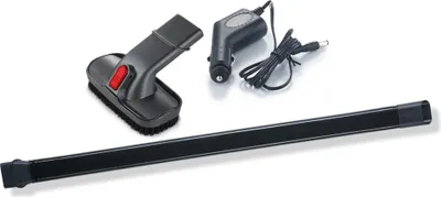 A set of vacuum cleaner accessories, including a crevice tool, a brush attachment, and a car adapter, laid out on a white background.