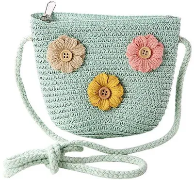 Produktbild von Unyqoos® Handgemachte Boho-Umhängetasche für Mädchen mit Blumenmuster, hochwertiges Strohmaterial, Reißverschluss, 12 x 14 x 5 cm – leicht für Urlaub & Outdoor
