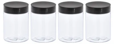 4 runde Plastikgläser 100 ml klar mit schwarzem Deckel