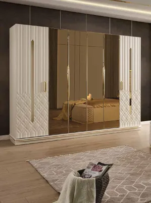 Productafbeelding van Moderne garderobekast, luxe kast, houten kasten, glazen deuren, goudkleurig, hoogglanzend, Italiaans design