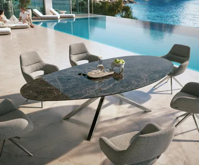 Produktbild von DELIFE Outdoortisch Edge Oval 280x130 cm Keramik Emperador Extra Lucidato Dunkelbraun Kreuzgestell Rechteck Edelstahl