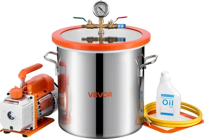 Image de Pompe à vide VEVOR avec chambre à vide de 18,9 L, 3,5 CFM 99 L/min, 180 W, pompe à vide à 1 étage, kit de pompe à vide, tuyau de 1,5 m, pour la stabilisation du bois & le dégazage de la résine silicone