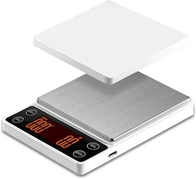Produktbild von Digitale Kaffeewaage mit Timer, 3 kg, digitale Anzeige, tragbar, ladebar, automatische Kaffebohnenabfuhr, intelligentes Wasserstromsystem, weiß