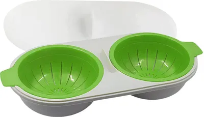 Produktbild von Doppel-Eierkocher für die Mikrowelle, 2-teiliges Set mit essbarem Silikon-Eierkocher mit Abtropffläche – Grün