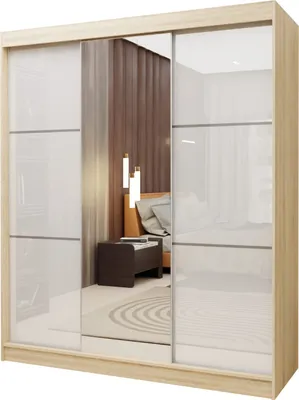 Produktbild von Masseno Schiebetürenschrank VITALE 180 cm Kleiderschrank Schlafzimmer Schrank 3-türig mit Spiegel und Lacobel Sonoma Eiche