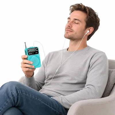 Produktbild von Tragbares Radio FM/AM mit LED Taschenlampe, batteriebetrieben, ABS, türkis – Mini Radio & Notfallradio für Haushalt & Outdoor