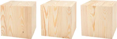 Three wooden cubes are arranged side-by-side against a white background.