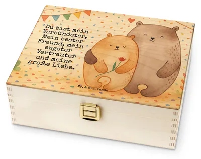 Produktbild von Mr. & Mrs. Panda tee box holz Bären Liebe Design - Weiß - Geschenk, Hochzeitstag, Jahrestag, Kuscheln, Teedose, Freundin, Umarmung, Teebox, Hocheitstag, für Teebeutel