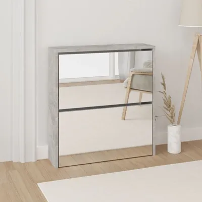 Productafbeelding van vidaXL Schoenenkast met spiegel, 2 vakken, betonkleur, 63x17x67 cm - Schoenenrek - Schoenenrekken - Schoenenopslag - Schoenenkast