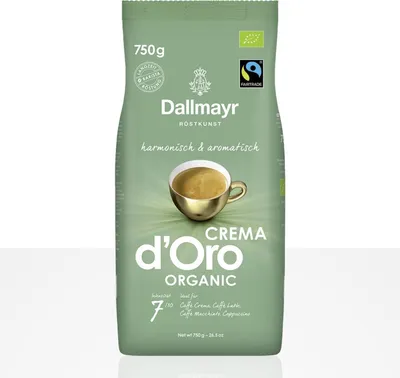 A bag of Dallmayr Crema d'Oro Organic coffee beans.