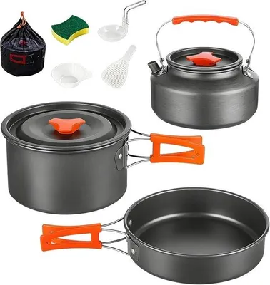 Zdjęcie produktu dla Zestaw do gotowania na kempingu - czarny - 10-elementowy zestaw naczyń dla 2-5 osób - zestaw garnków aluminiowych do aktywności na świeżym powietrzu