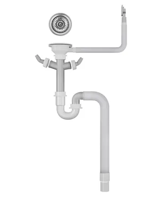 A plumbing kit for a sink, including a strainer, siphon, and overflow pipe, displayed against a white background.