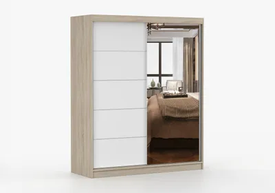Produktbild von Schwebetürenschrank NO-BIS 05 160 cm Sonoma Eiche/Weiß mit Spiegel, Kleiderschrank 2-türig, Schrank mit Schiebetüren & Zierleisten