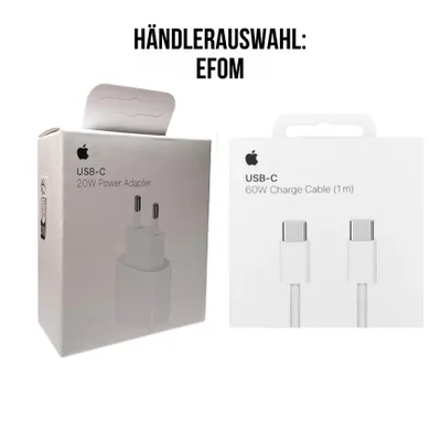 Produktbild von Apple iPhone 20W Adapter + Apple 60W USB-C Ladekabel (1 m) für iPhone 15 16 17 Pro Max iPad AirPods