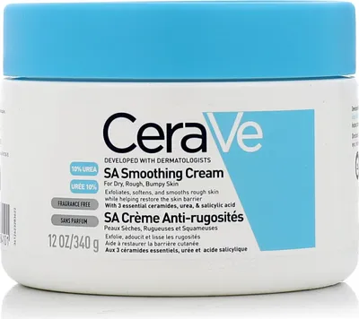A white jar of CeraVe SA Smoothing Cream with blue lid and text labels.