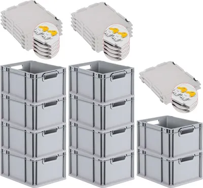 Produktbild von SuperSparSet 10x Eurobox NextGen Grip mit Scharnierdeckel und gelben Schiebeschnappverschlüssen | HxBxT 22x30x40cm | 20 Liter | Grau | Griffe offen | Glatter Boden | Eurobehälter, Transportbox, Transportbehälter, Stapelbehälter