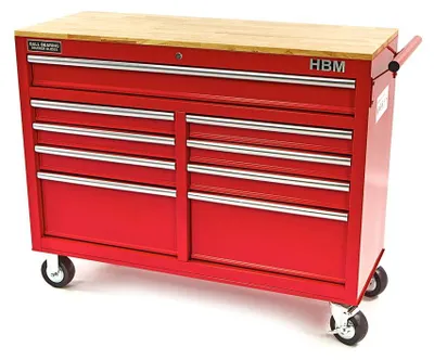 Produktbild von HBM Werkzeugwagen mit Holzarbeitsplatte, 117 cm, rot