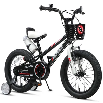 Kinderfahrrad 16 Zoll, schwarz, mit Stützrädern, Korb & Flasche