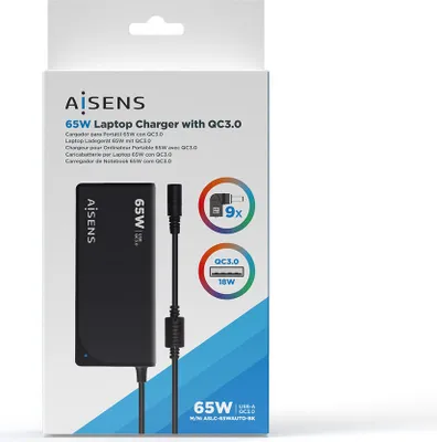 Immagine prodotto di Caricabatterie per computer portatili Aisens ASLC-65WAUTO-BK 65W