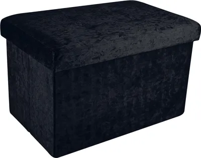 A black velvet storage ottoman is shown against a white background.