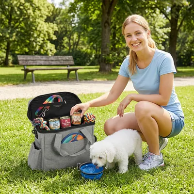 Produktbild von Hundetasche faltbar, Transporttasche Hund, 300D Gewebe, Hellgrau | 38x17x35 cm | 1,1 kg | 2 Futterbehälter