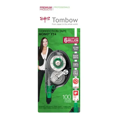 A product package for Tombow correction tape, featuring a woman and product details.