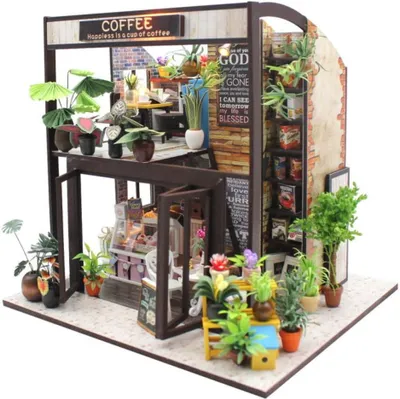 Image de Habarri | Maison Miniature - DIY Maison de Poupées - Maison en Bois avec Meubles et éclairage LED - Cadeau pour Enfants - Café Du Matin