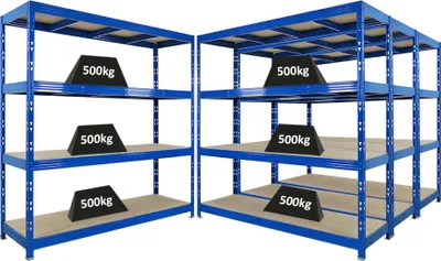 Produktbild von Mega Deal | 4x Profi Schwerlastregal Rhino | HxBxT 200x200x60cm | 4 Spanplatten-Ebenen 8mm | Fachlast 500kg | Blau