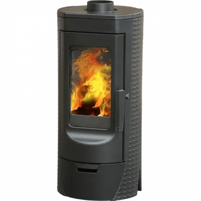 A freestanding black wood-burning stove with a glass door showing flames and burning logs.