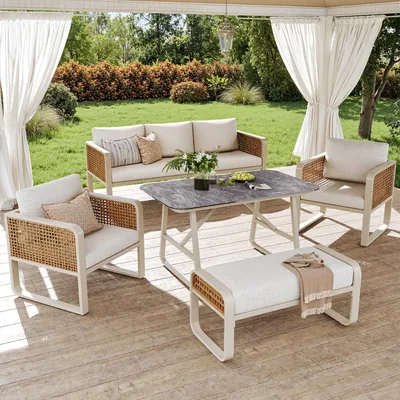 Produktbild von Flieks Rattan Gartenloungeset 5-tlg., Gartenmöbelset mit Tisch, Bank, Gartenstuhl und Sofa, Loungegartenmöbelset für 6-7 Personen, Sitzgruppe Beige