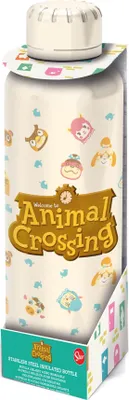 A product shot of an Animal Crossing themed stainless steel insulated bottle, presented in its packaging.