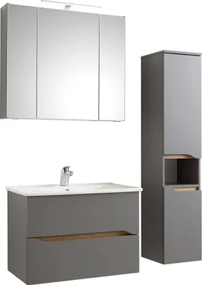 Produktbild von Badmöbel Set QENA-66 in Quarzgrau Matt Touch mit Riviera Eiche quer Nb., B/H/T: ca. 110/200/45 cm