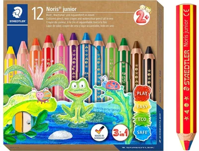 Produktbild von STAEDTLER Noris junior Set 3in1 Bunt-, Wachsmal- und Aquarellstift, ideal für Kleinkinder, 12 Farben, Spitzer und Regenbogenstift