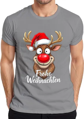 Produktbild von Frohe Weihnachten Lustiges Rentier Rudolf Weihnachtsmütze Cartoon Herren T-Shirt, Grau, M