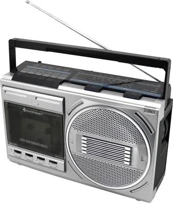 A silver and black retro boombox with a cassette player and radio tuner.
