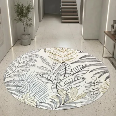 Produktbild von Moderner Kurzflorteppich Creme Blätterdesign mit Glanzoptik für Wohnzimmer Schlafzimmer und Flur Größe - 120 cm Rund