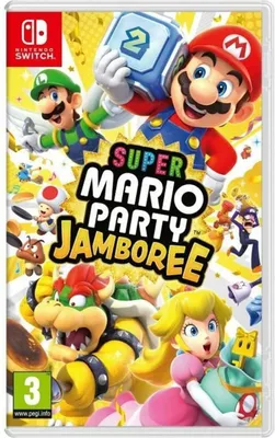 The image is a product shot of the Nintendo Switch game 'Super Mario Party Jamboree'. It features various Mario characters and game elements.
