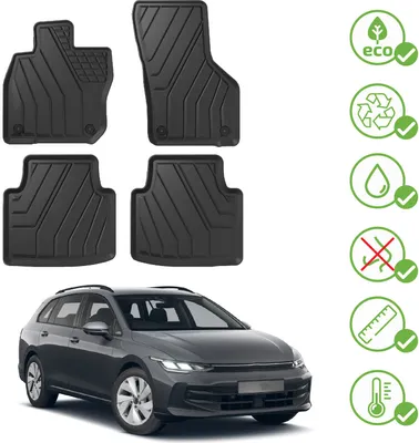 Produktbild von J&J AUTOMOTIVE | EKO Gummimatten Gummifußmatten Für Volkswagen Golf 8 Ab 2019 Kombi, Schwarz, Anti-Rutsch, Ohne Geruch, mit Tunnel, Allwetter, Rand 3cm, Set 4-Teilig, mit Befestigungen