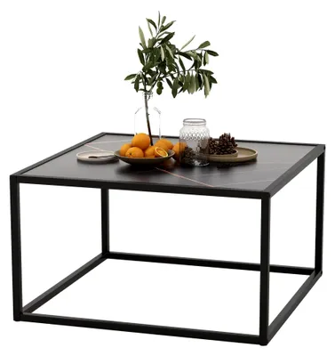 Produktbild von Couchtisch in Marmoroptik, Kaffeetisch mit Metallrahmen, quadratischer Beistelltisch für das Wohnzimmer, 70x70x40 cm (Schwarz)