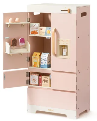 Image de Réfrigérateur en bois, réaliste et interactif, avec distributeur de glaçons et jouets alimentaires. Convient aux enfants à partir de 3 ans. Couleur : rose