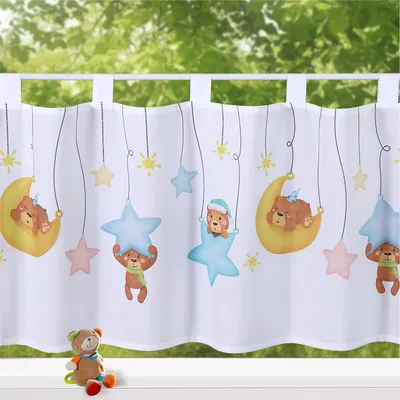 Produktbild von heimtexland ® Kindergardine Scheibengardine Bär Mond Sterne HxB 45x120 blickdicht  Kinderzimmer Deko Kinder Gardine Typ757