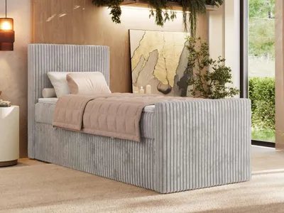 Produktbild von MKS MEBLE Boxspringbett 90x200 TILIANO DUO mit Stauraum, 7-Zonen-Taschenfederkernmatratze, Cordbezug, Einzelbett für Schlafzimmer & Hotel - Hellgrau Cord - H3 - Topper T25 - Links