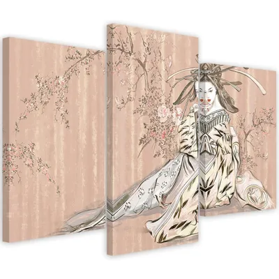Produktbild von Triptychon auf leinwand traditionelle japanische geisha 60x40 cm Feeby orange wandbild bereit zum aufhängen