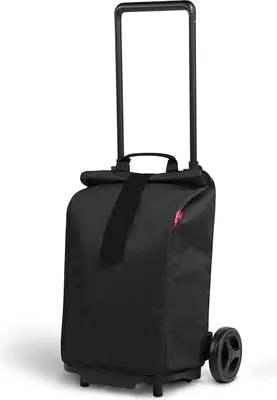 A black shopping trolley with a telescopic handle and two wheels, shown against a white background.