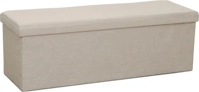 A beige storage ottoman is shown against a white background.