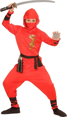 Produktbild von Kostüm Red Dragon Ninja  - Ninja Verkleidung Set rot Samurai Kämpfer S - 128 cm