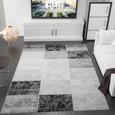 Produktbild von Moderner Designer Heatset Teppich, Marmor Muster, Kariert und Meliert in Grau Schwarz Weiss - S6704, Maße:120 cm x 170 cm