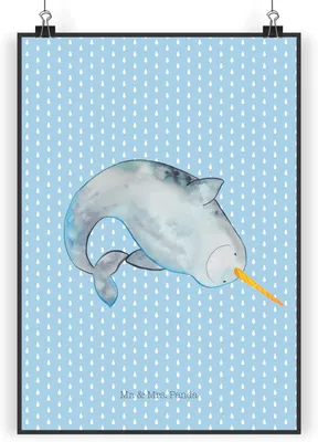 Produktbild von Mr. & Mrs. Panda Bild Narwal DIN A3 - Blau Pastell - Geschenk, Aufräumen, Wal, Wanddekoration, wanddeko, Kinderzimmer, Putzen, Wandbild, Hausfrau, Meer, Kunstdruck